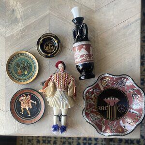 Group of Six Made in Greece Souvenirs - Greek Soldier Doll, Wine bottle etc.
